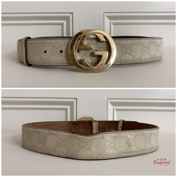 Authentic Gucci Cream Guccissima Leather Gold Interlocking G Buckle Belt 85/34 - Picture 5 of 13